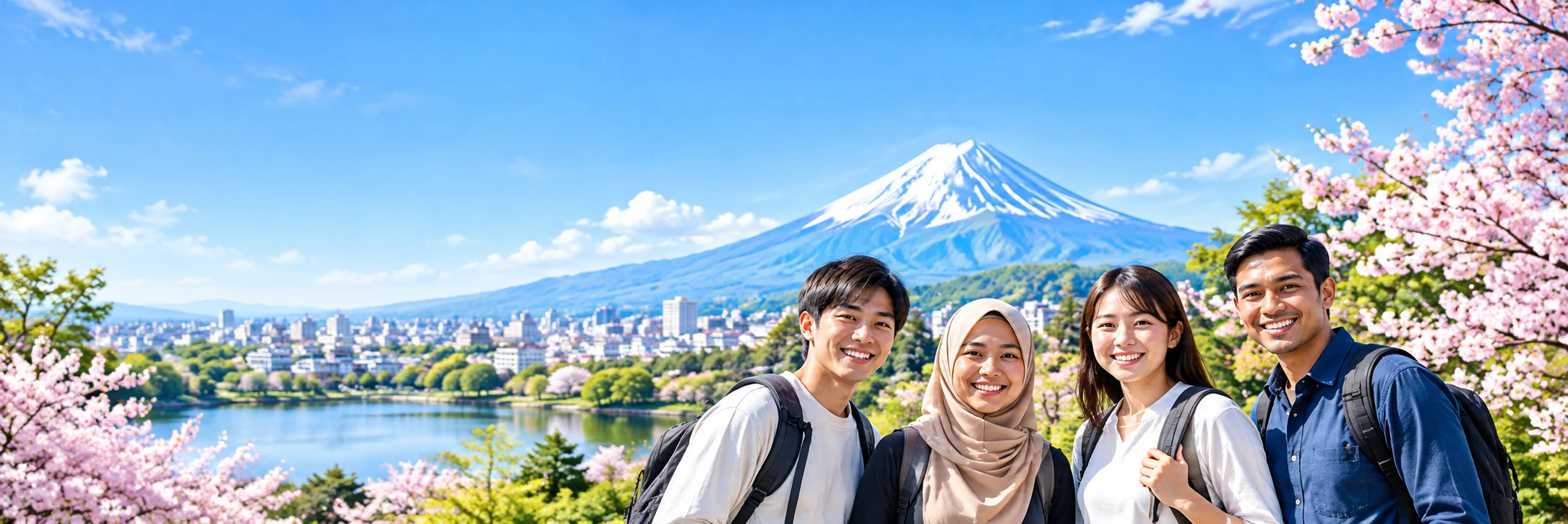 富士山と桜、日本で生活する4人の外国人