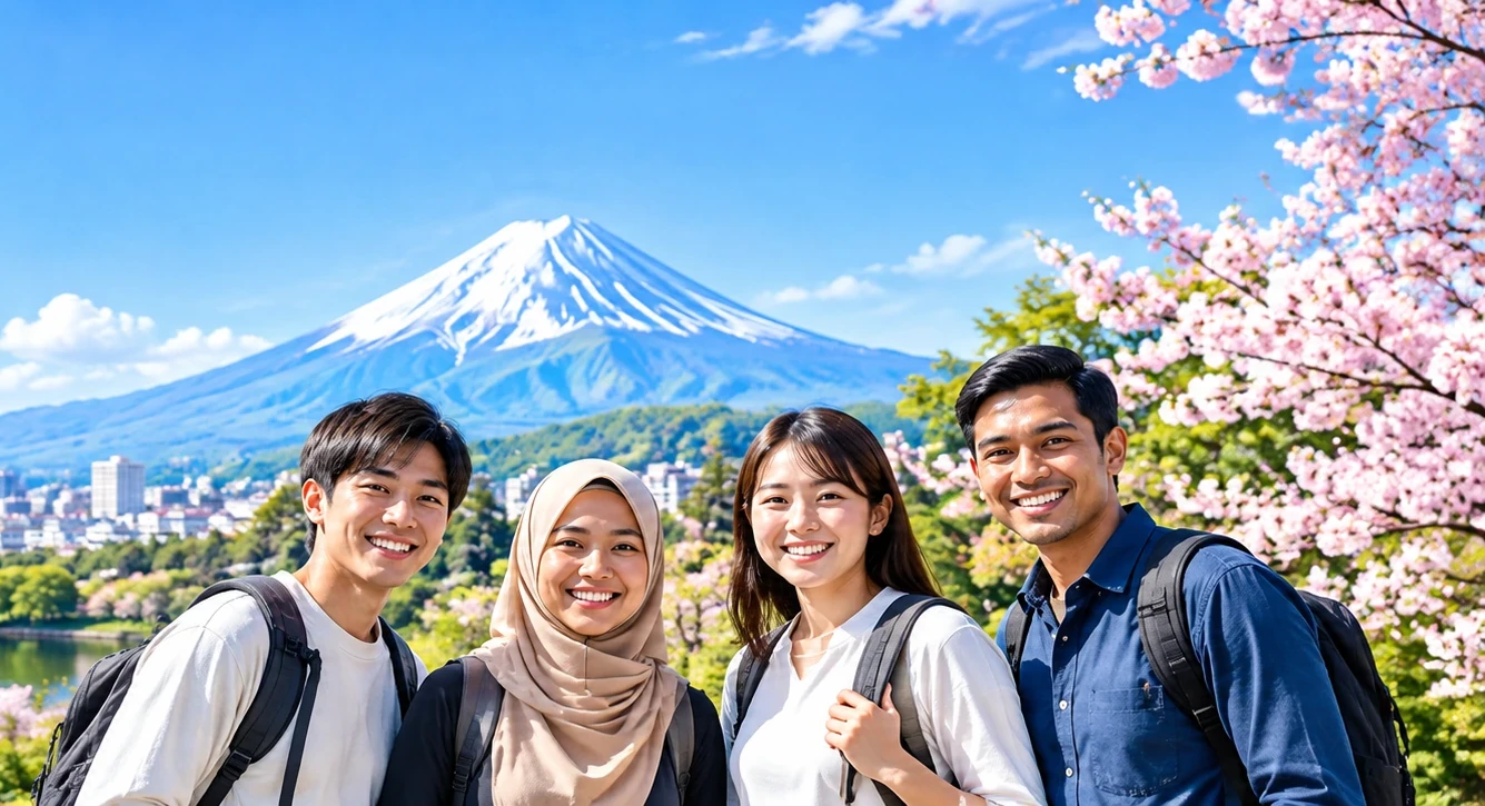 富士山と桜、日本で暮らす4人の外国人（同じ画像のスマホ用トリミング）