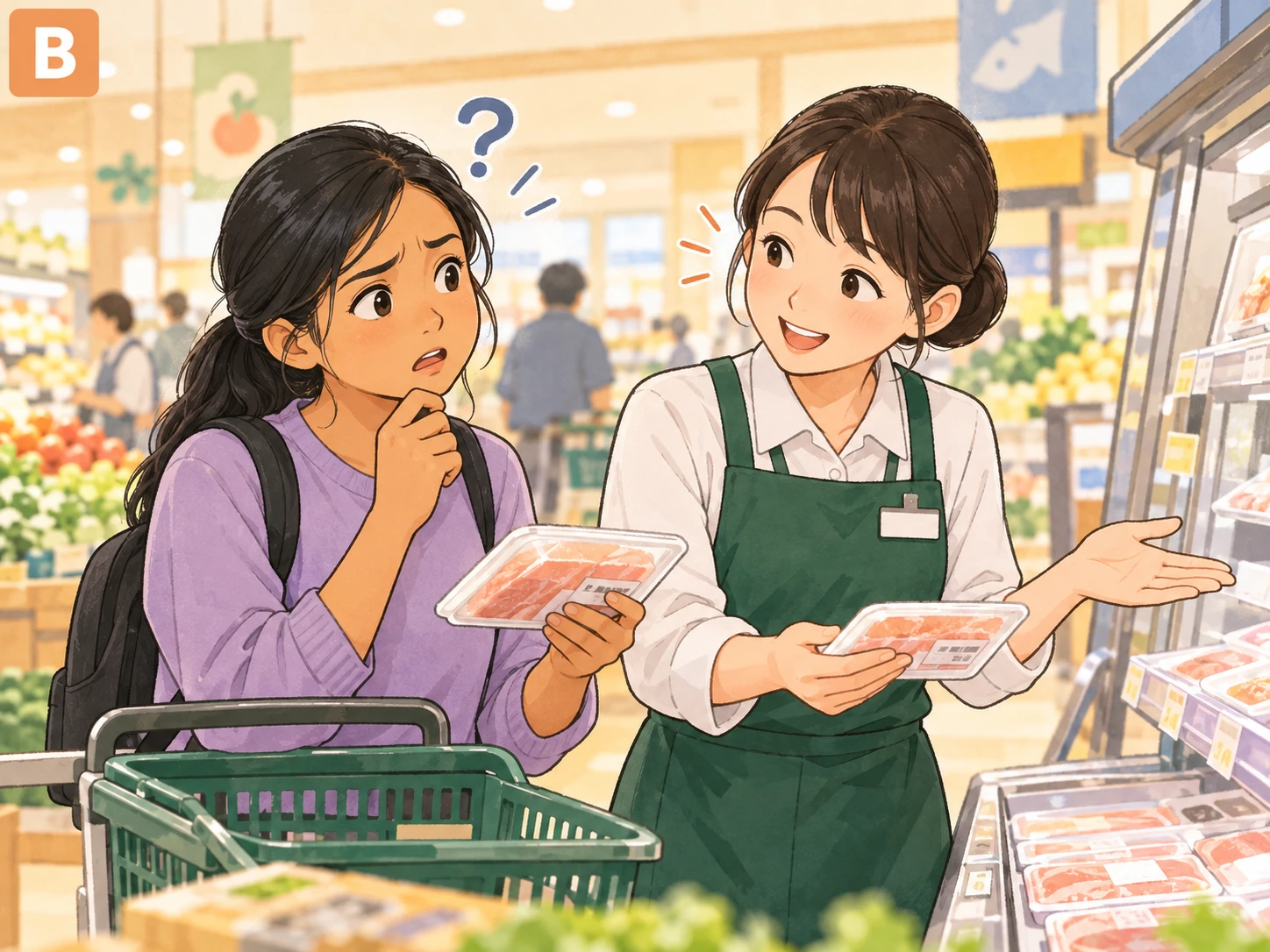 スーパーで買い物をする外国人女性と店員のイラスト