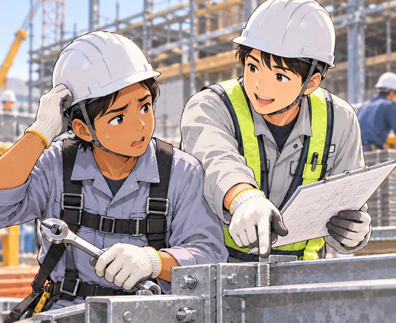建設現場で作業の説明を聞く外国人と指導者