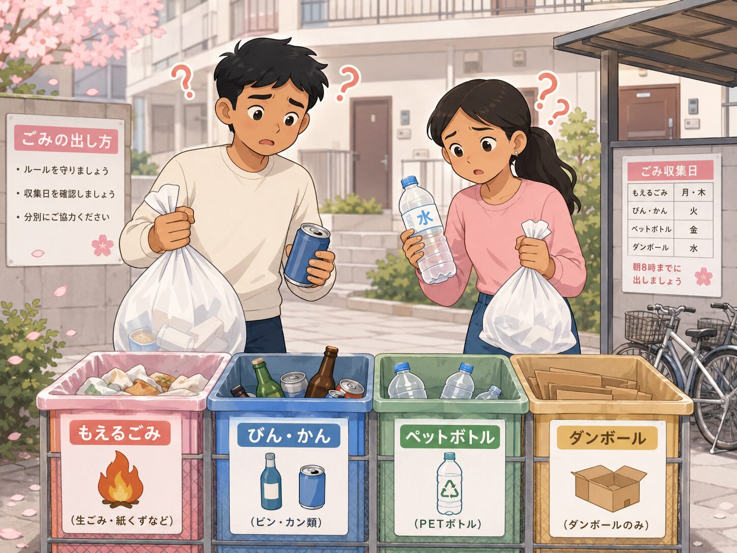 アパートのごみ置き場でごみの分別に迷っている外国人学習者