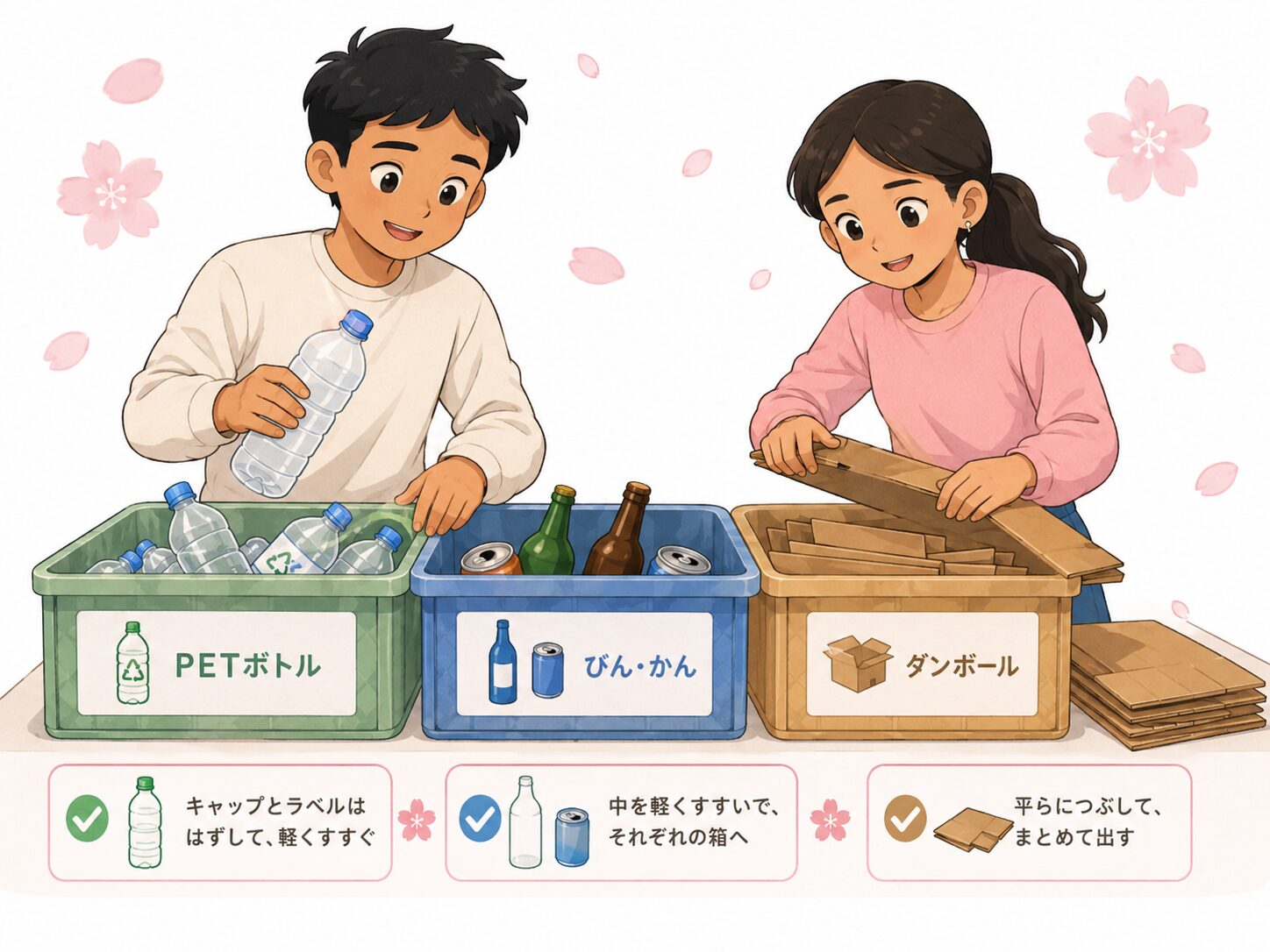 ペットボトル、びん、かん、段ボールを分別している外国人学習者