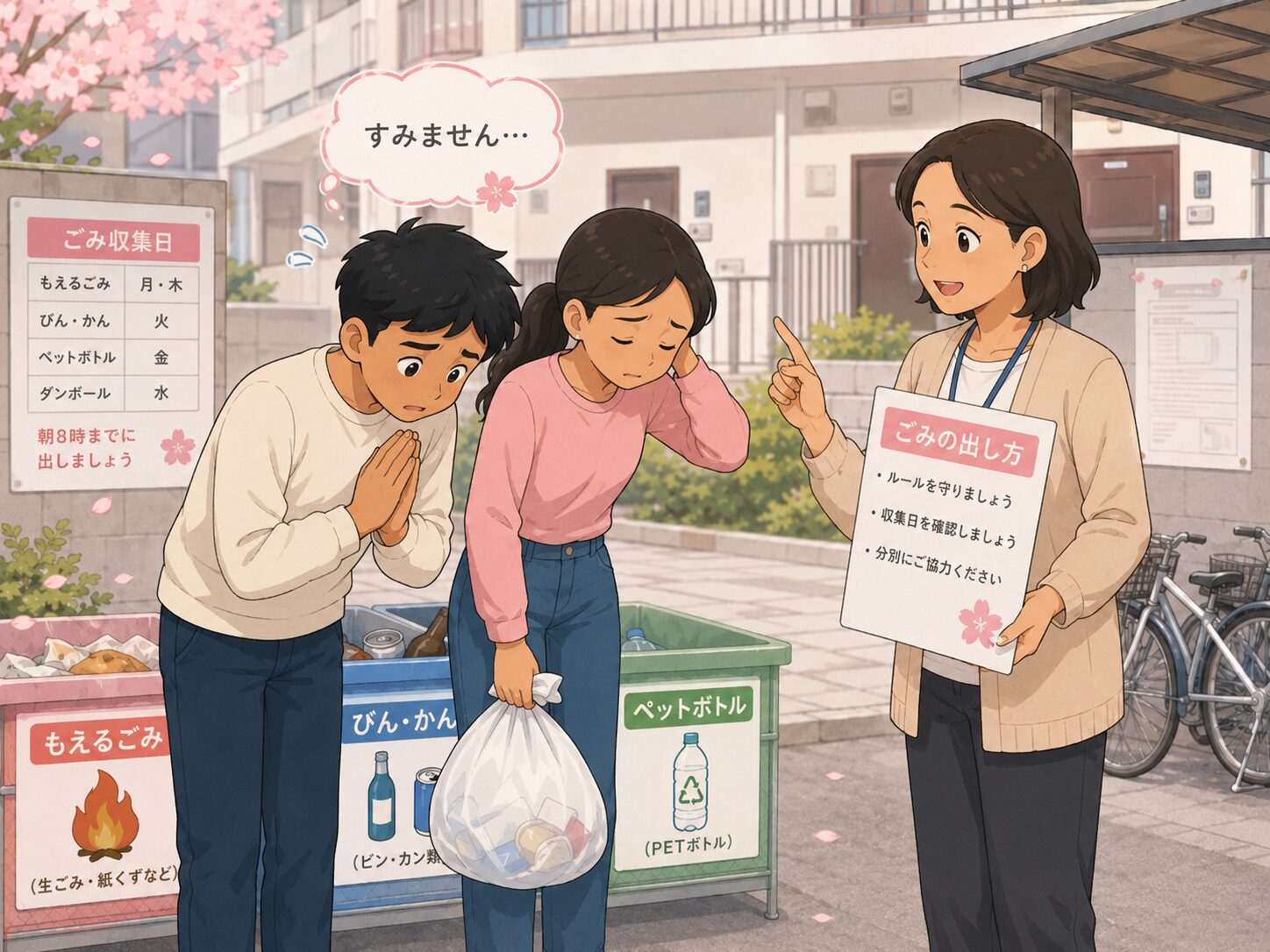ごみの出し方を注意されてすみませんと謝っている外国人学習者