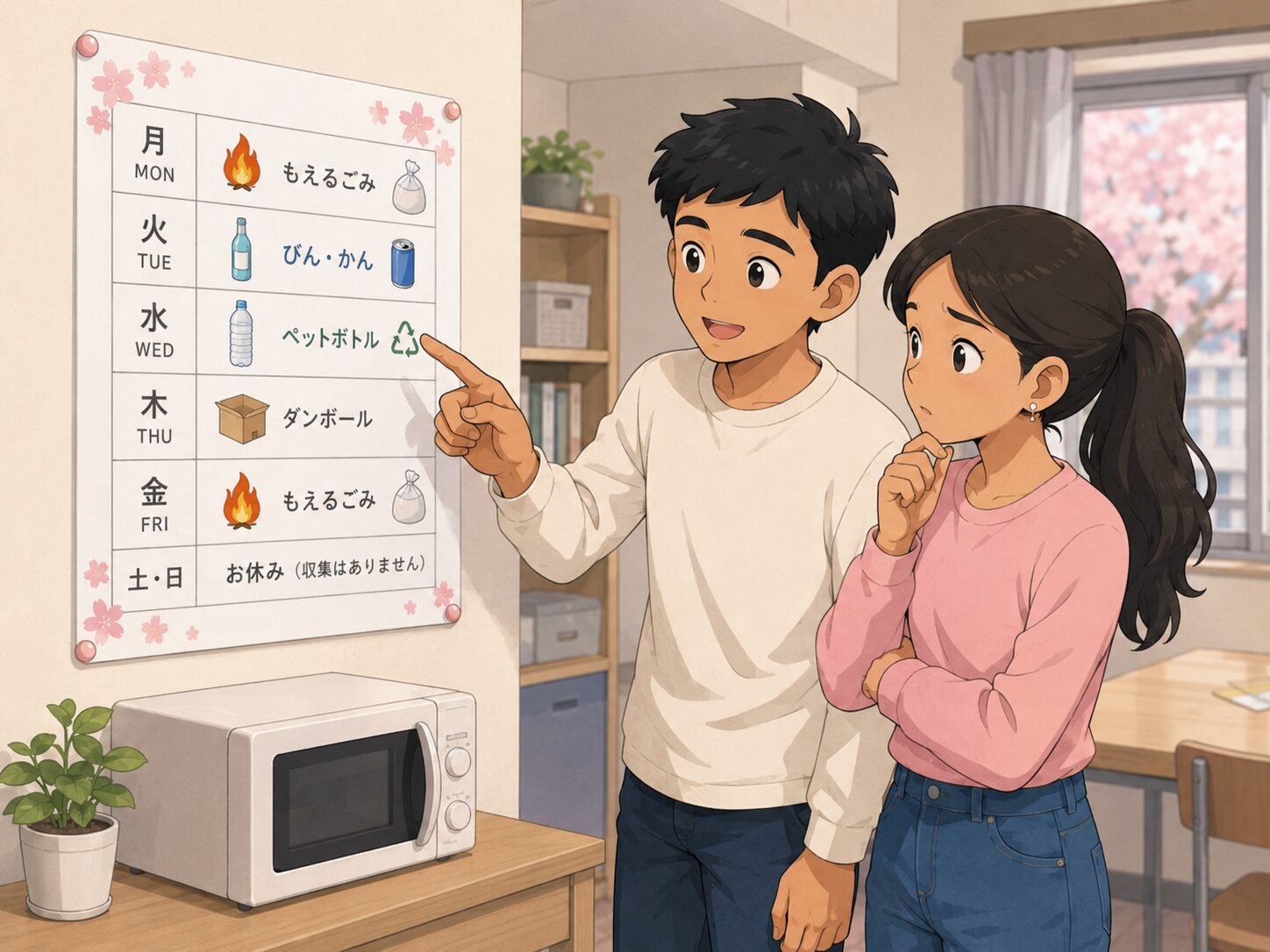 ごみカレンダーを見てごみの日を確認している外国人学習者