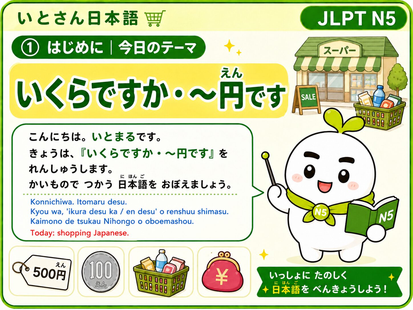 ① はじめに 今日のテーマ いくらですか 〜円です