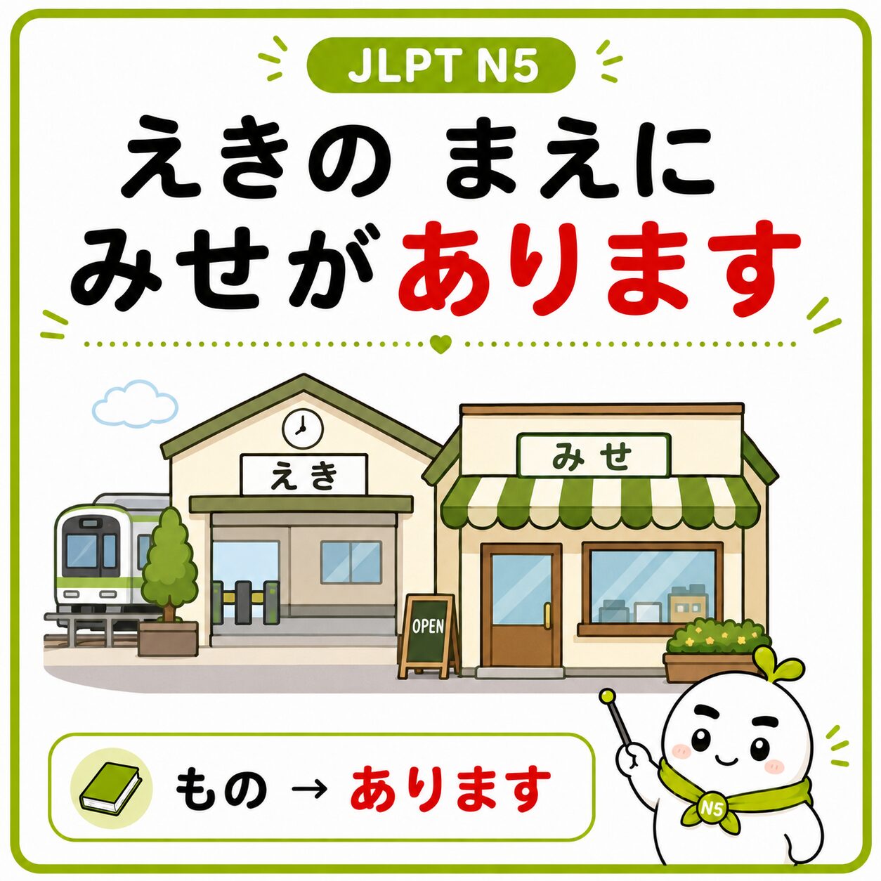 えきの まえに みせが あります