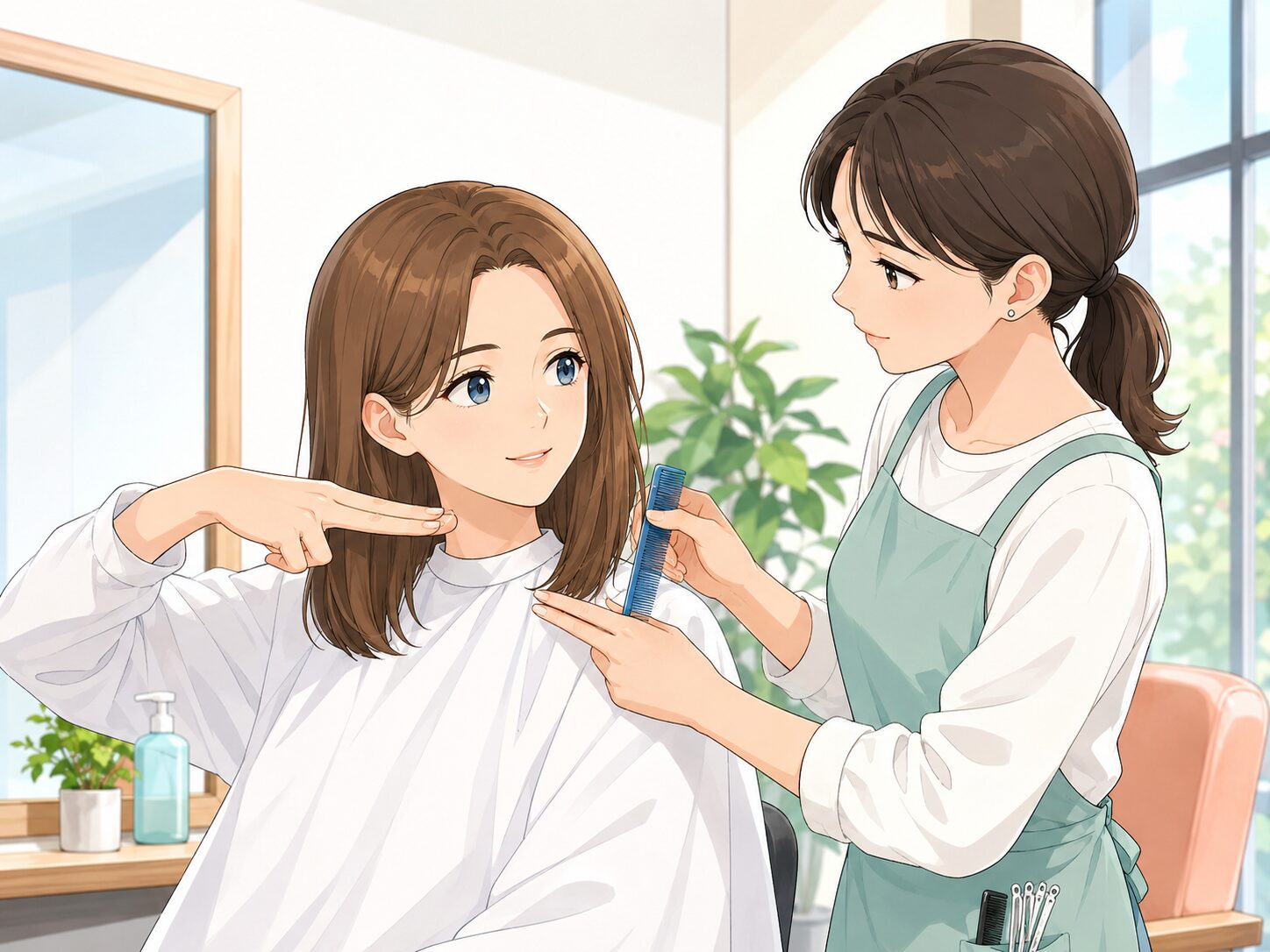 切る髪の長さを指で伝える外国人