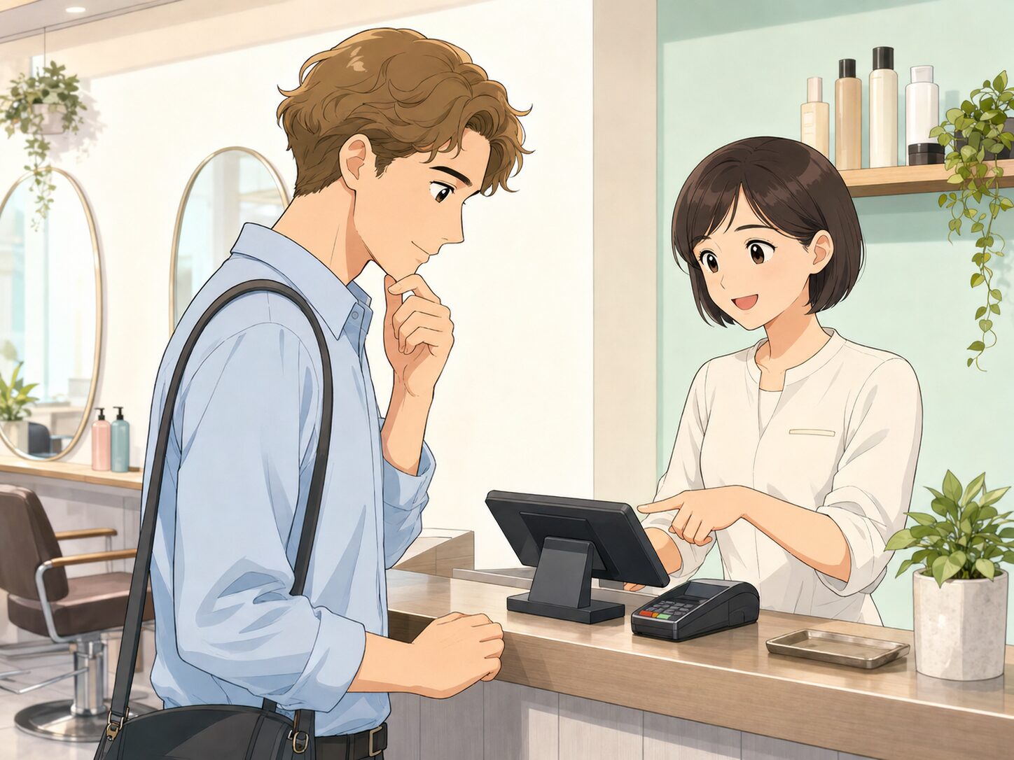 美容院の会計で料金を確認する外国人