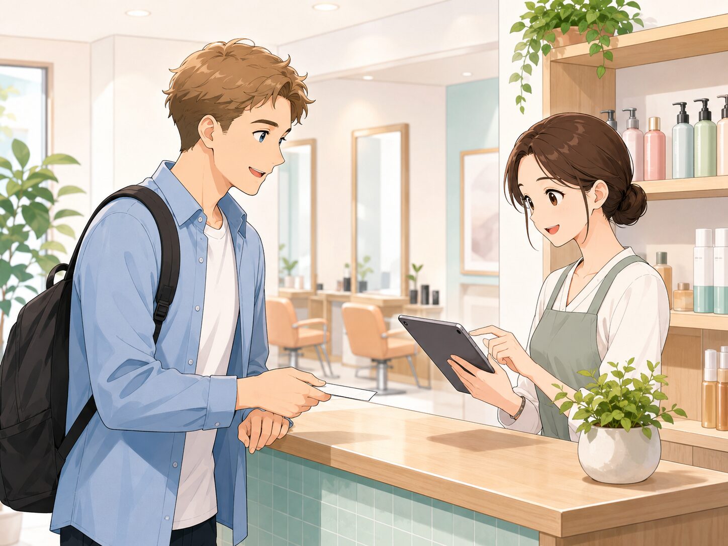 美容院の受付で予約名を伝える外国人
