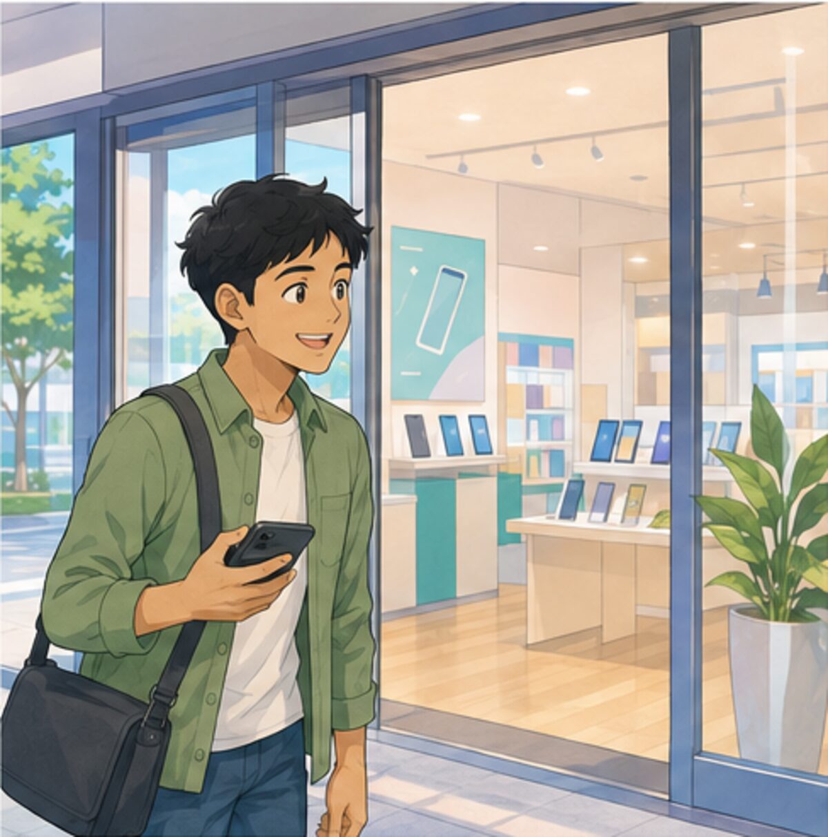 携帯電話ショップをさがして店に入る外国人