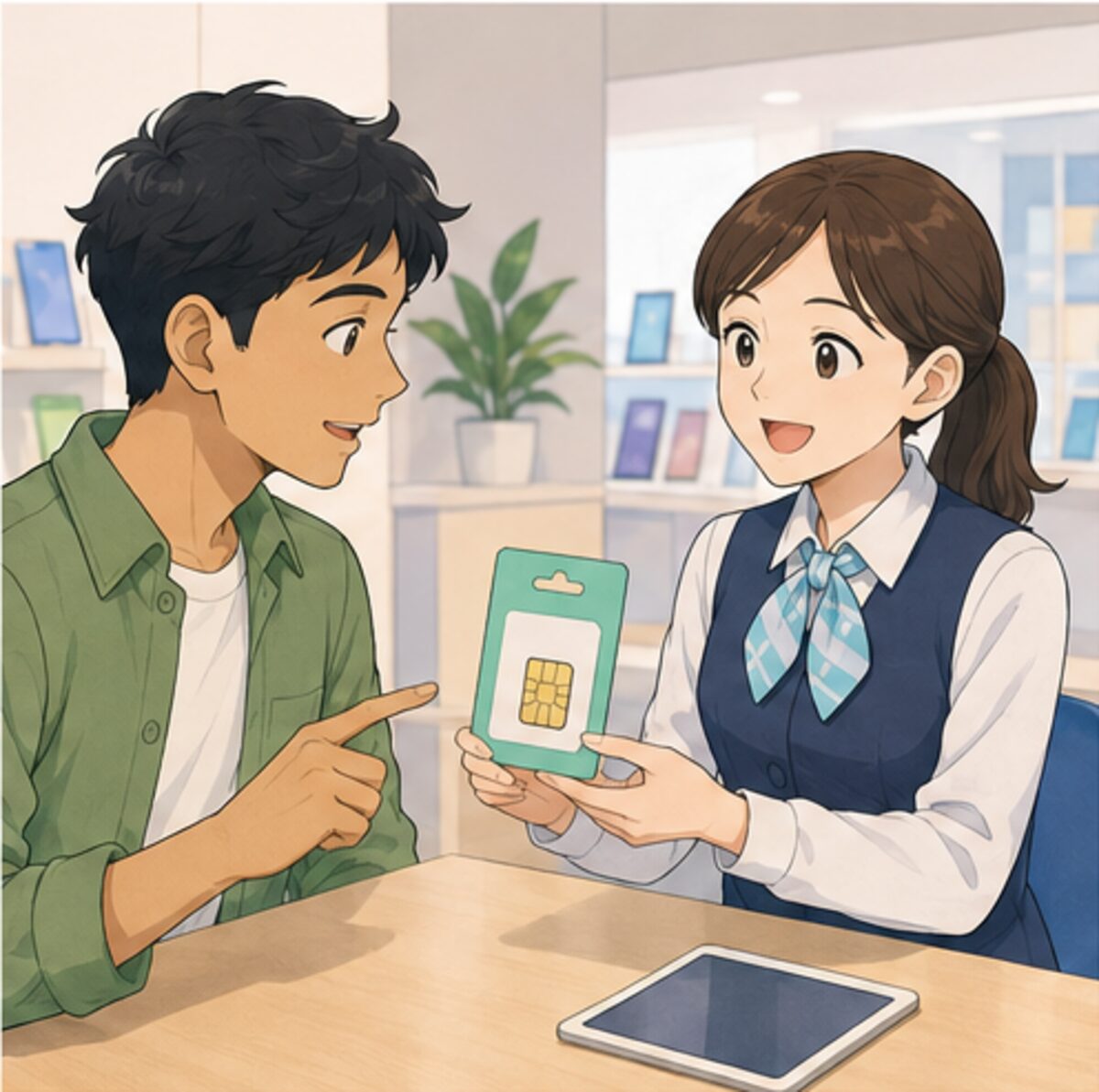 携帯電話ショップでSIMカードがほしいと伝える外国人