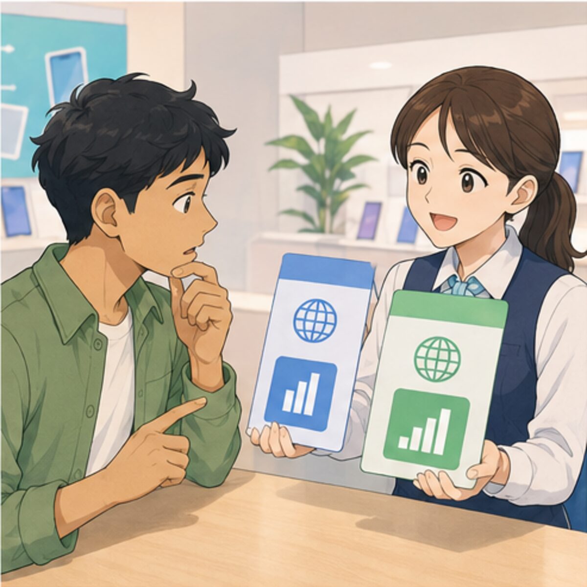 携帯電話の料金とデータ量を確認する外国人