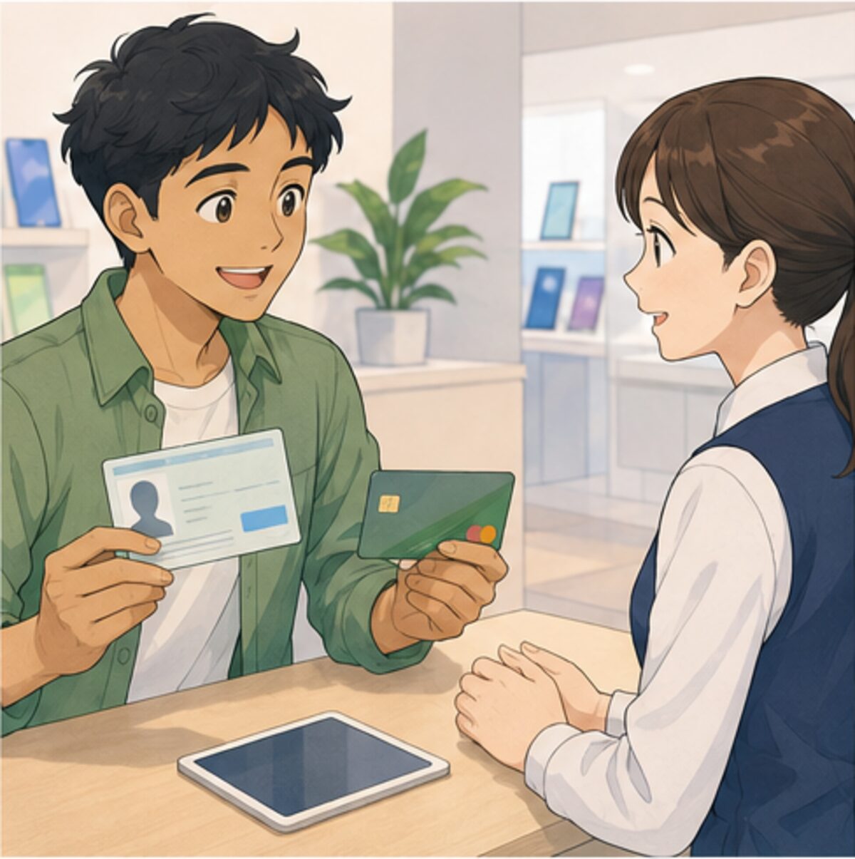 携帯電話の契約に必要な在留カードなどを出す外国人