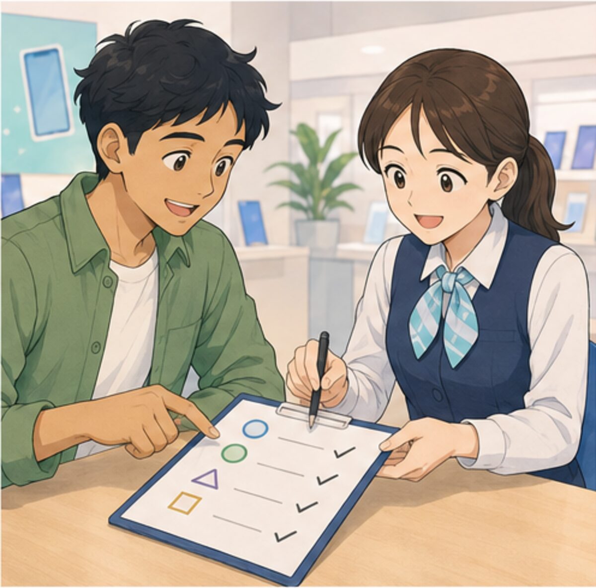 携帯電話ショップで契約内容を一緒に確認する外国人
