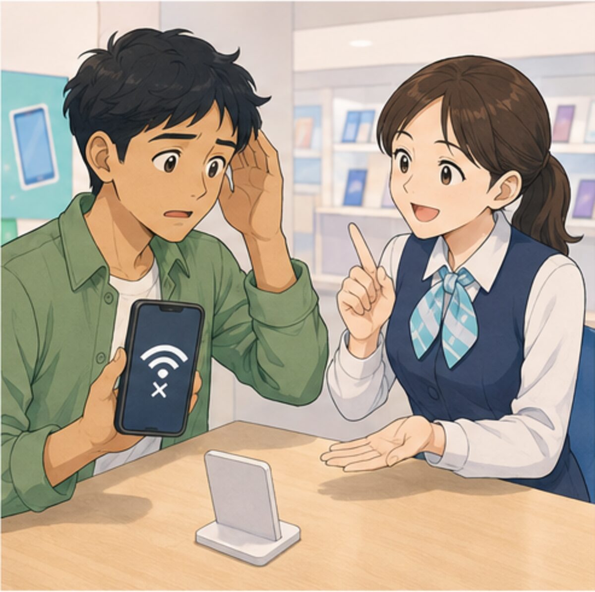 携帯電話やWi-Fiがつながらないと相談する外国人