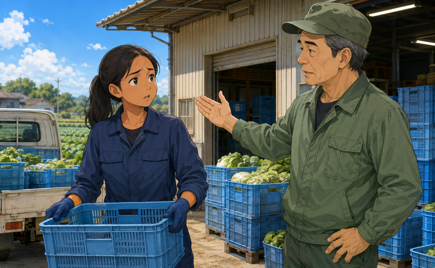 農場で社長にもう一度説明をお願いする女性実習生