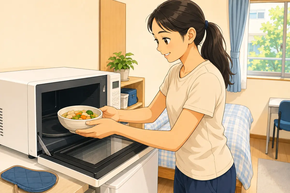 寮で電子レンジ対応の器を入れる外国人