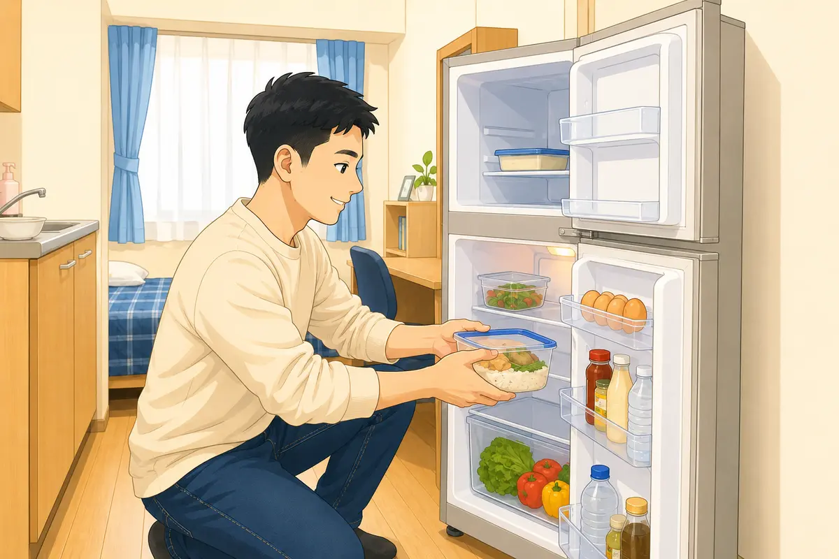寮で冷蔵庫に食品を整理して入れる外国人