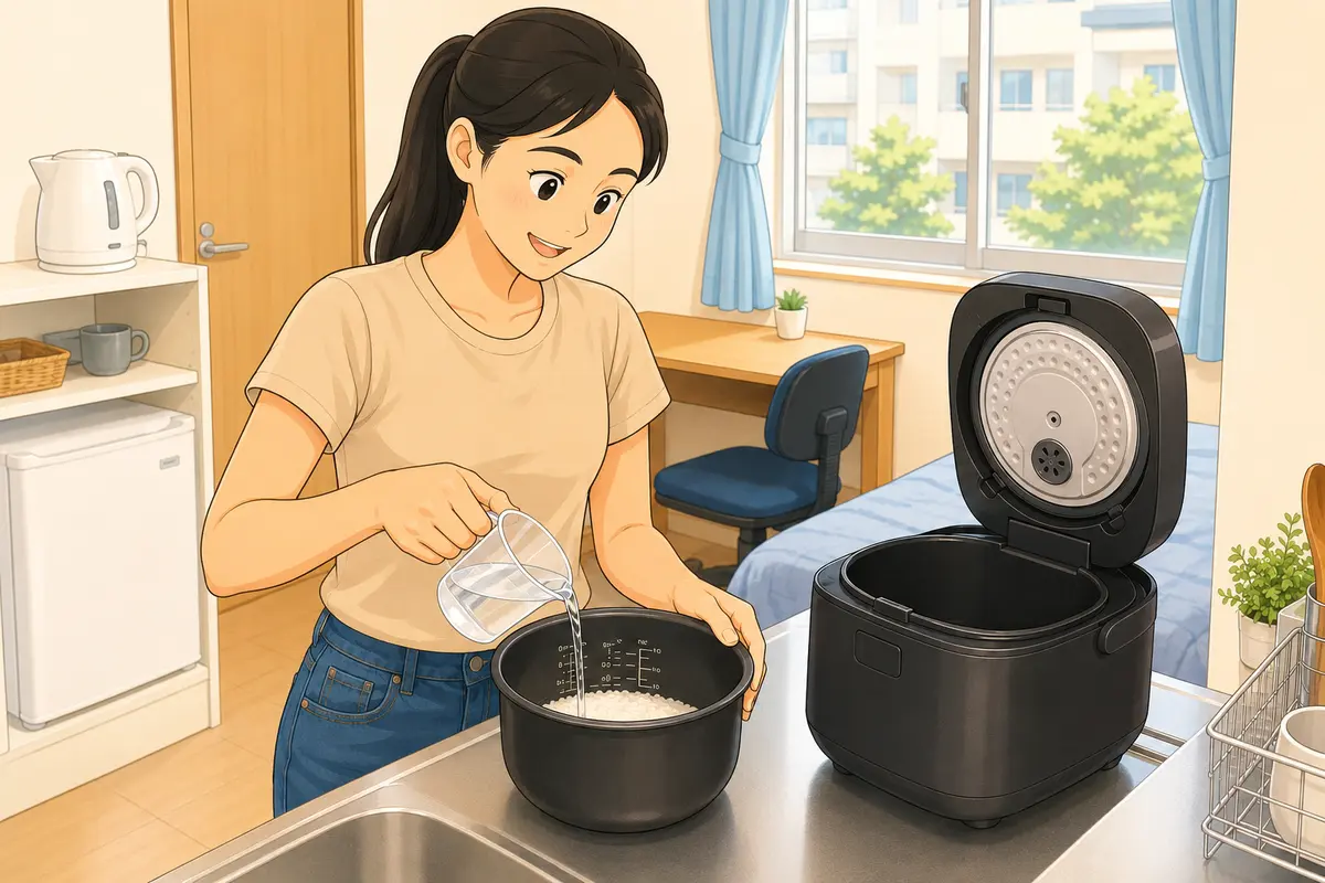 寮で炊飯器の内釜に米と水を入れる外国人