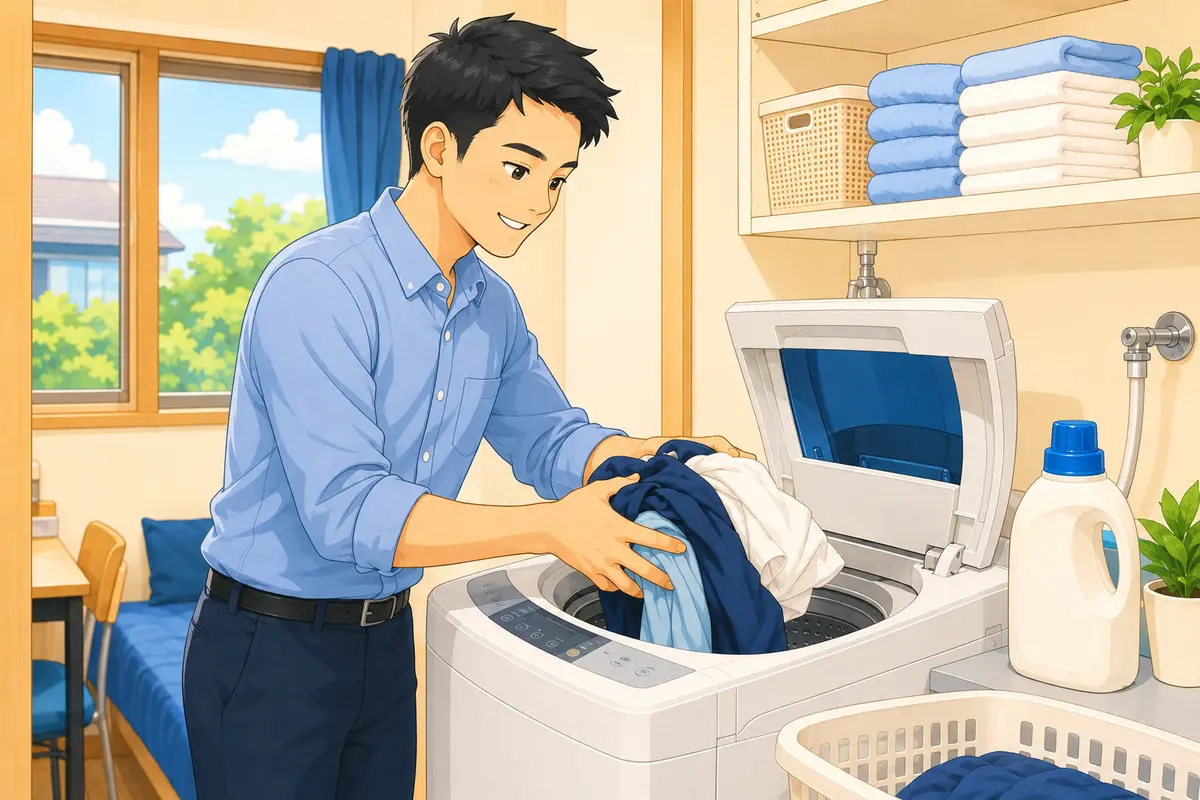 寮で洗濯機に洗濯物を入れる外国人