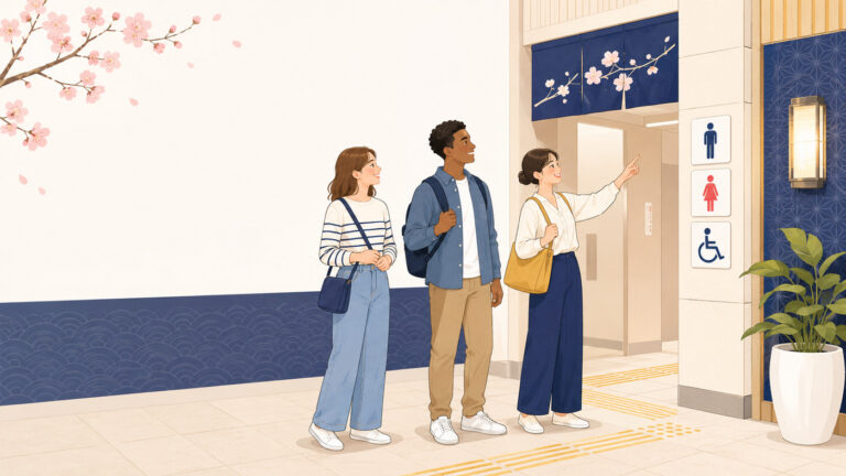 日本の公衆トイレの入口で、案内マークを確認する日本人と外国人