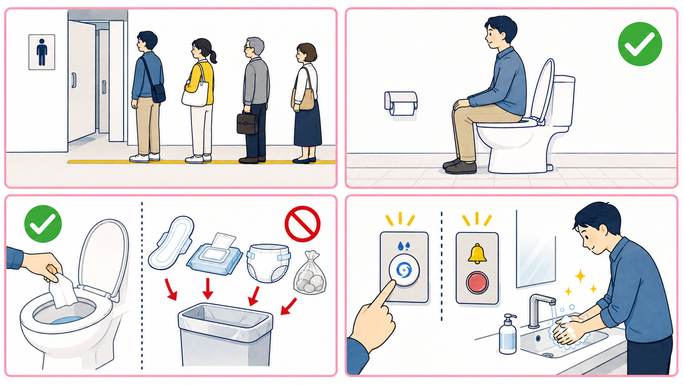 日本のトイレで、順番・洋式便器・紙・ボタン・手洗いのルールを示すイラスト