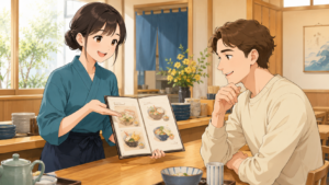 日本の飲食店でメニューを見ながら注文する外国人学習者と日本人店員