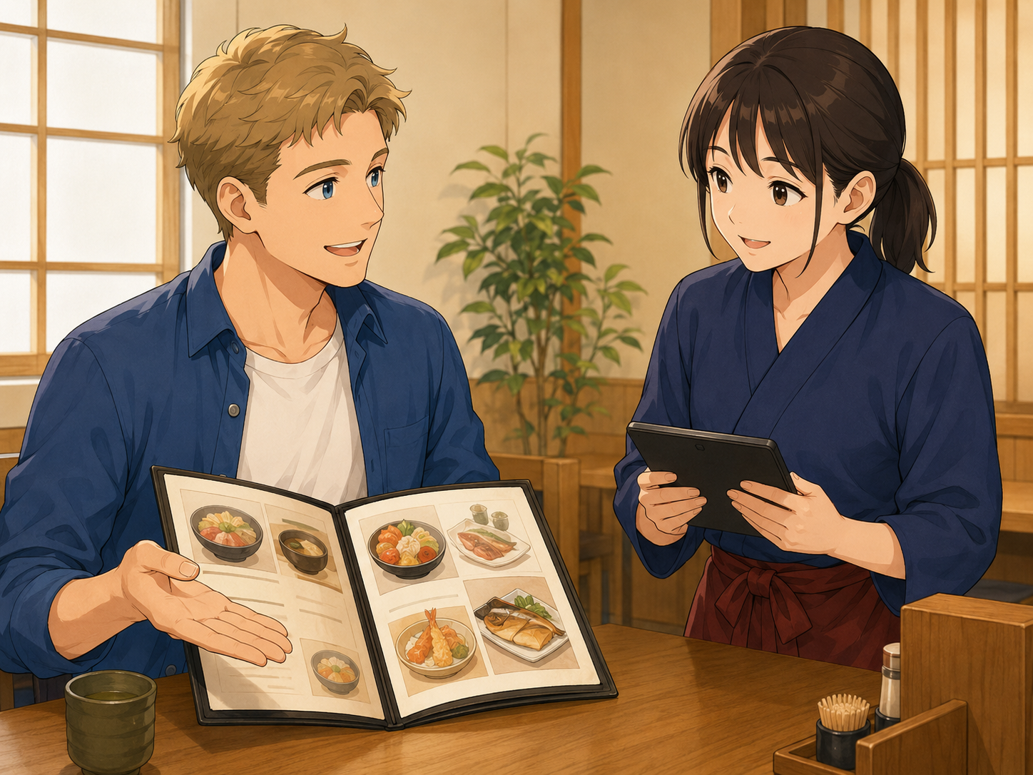 メニューを見せながら料理を注文する外国人学習者と日本人店員