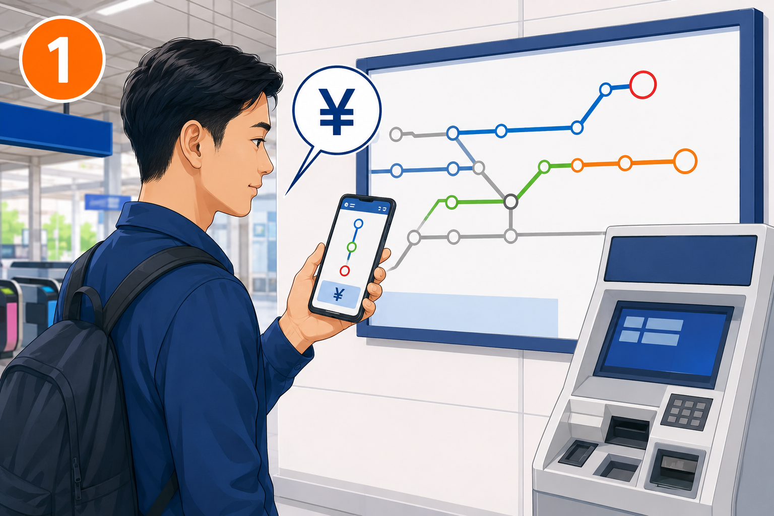 スマートフォンと路線図で行き先と運賃を確認する場面
