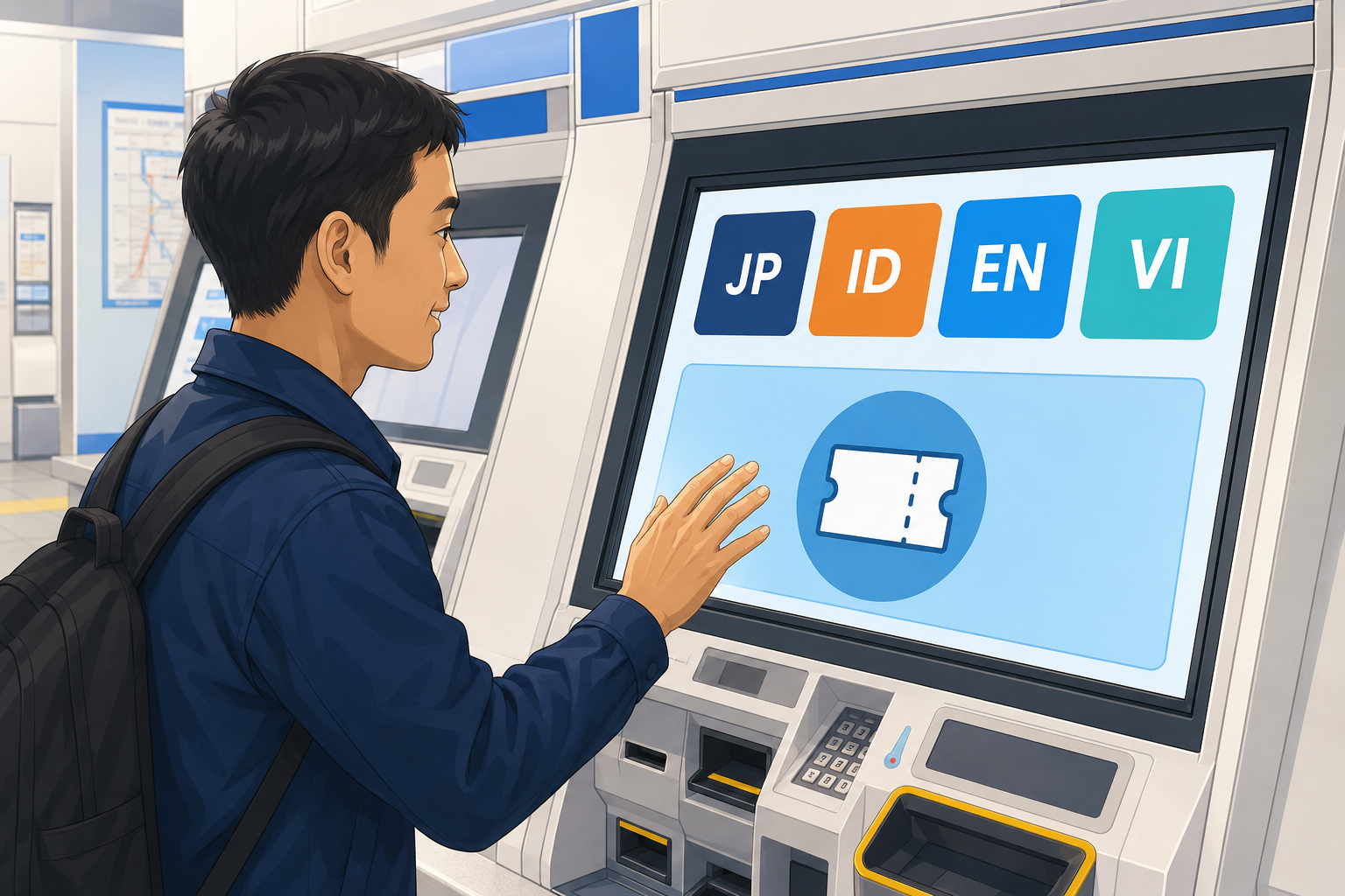 券売機で言語と紙の切符を選ぶ場面