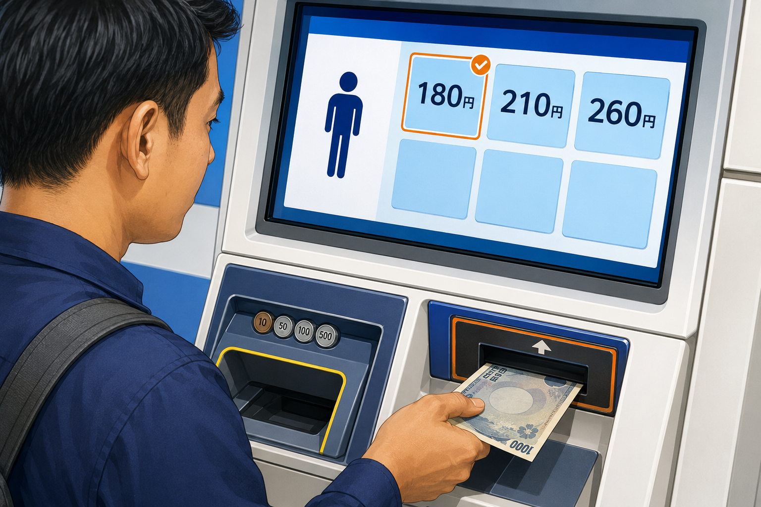 券売機で運賃を選び現金を入れる場面