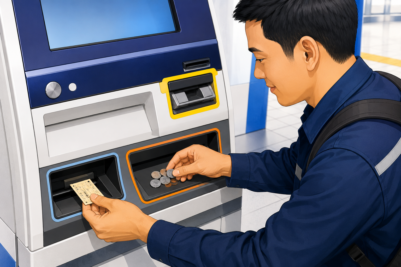 券売機から切符とおつりを受け取る場面