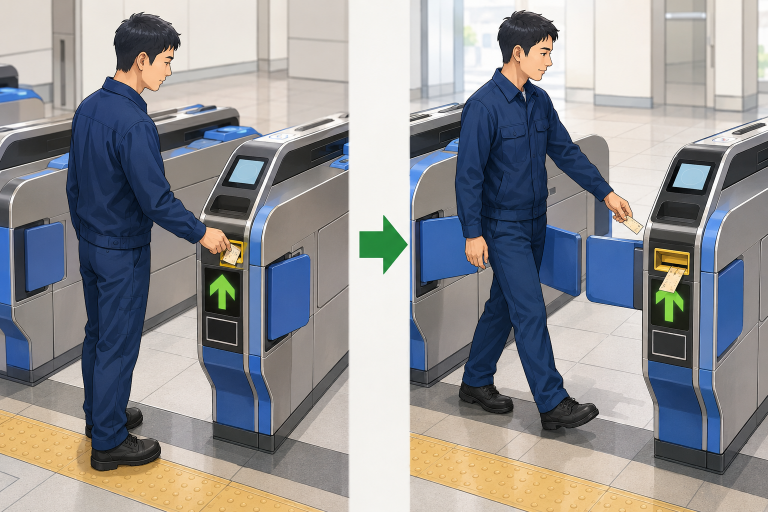 自動改札へ紙の切符を入れ通過後に受け取る場面