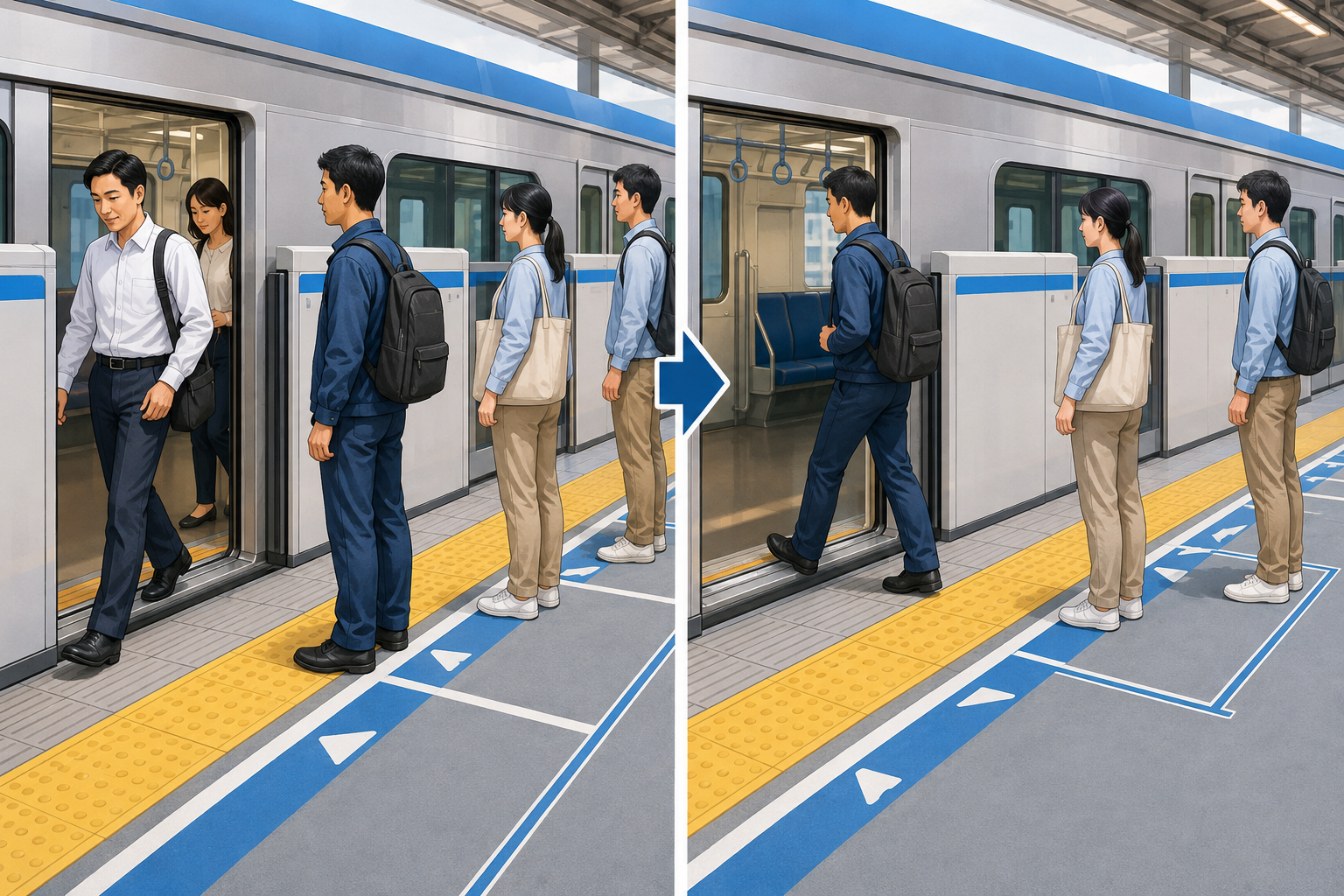 ホームで降りる人を先にしてから電車へ乗る場面