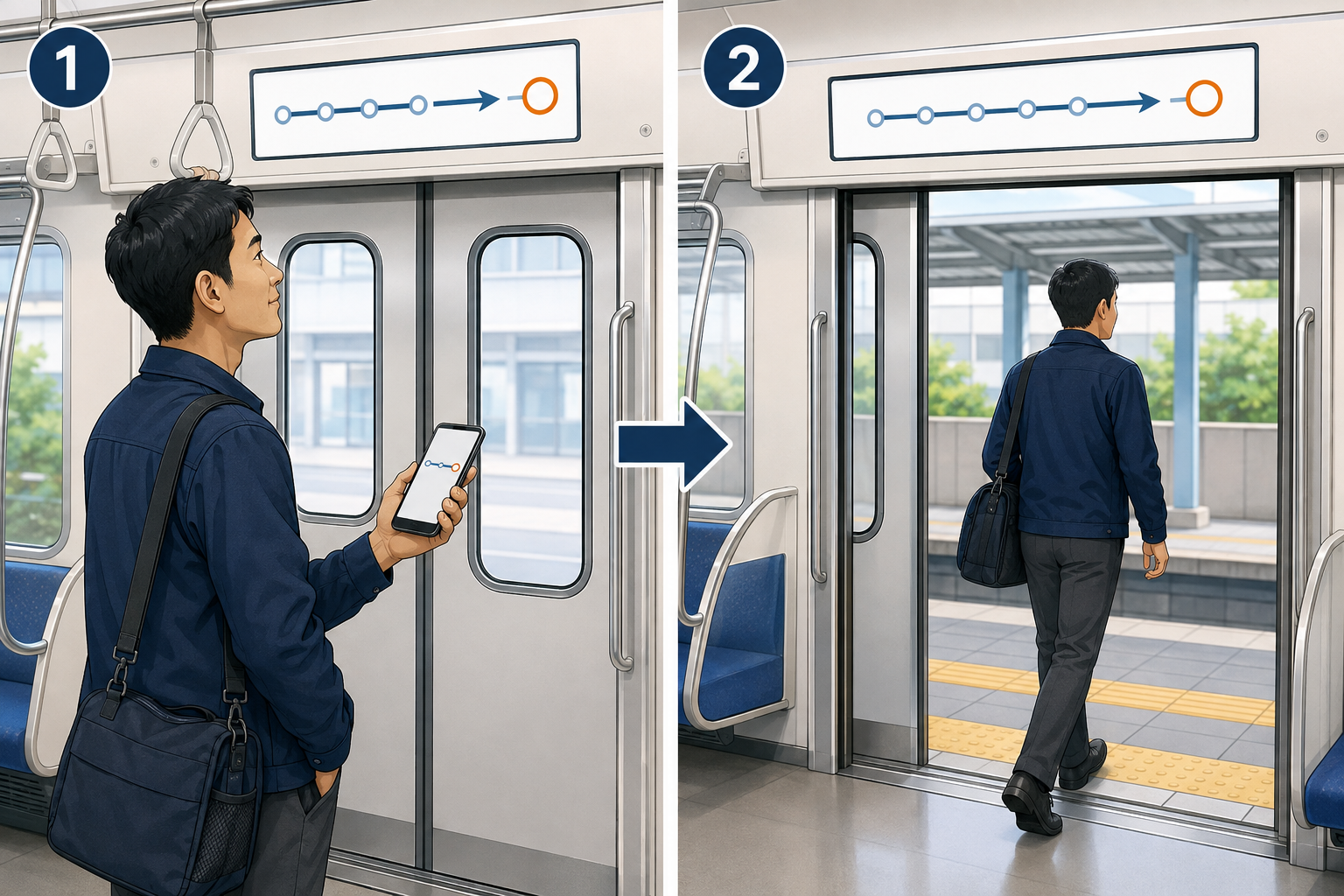 車内表示で次の駅を確認して目的地で降りる場面