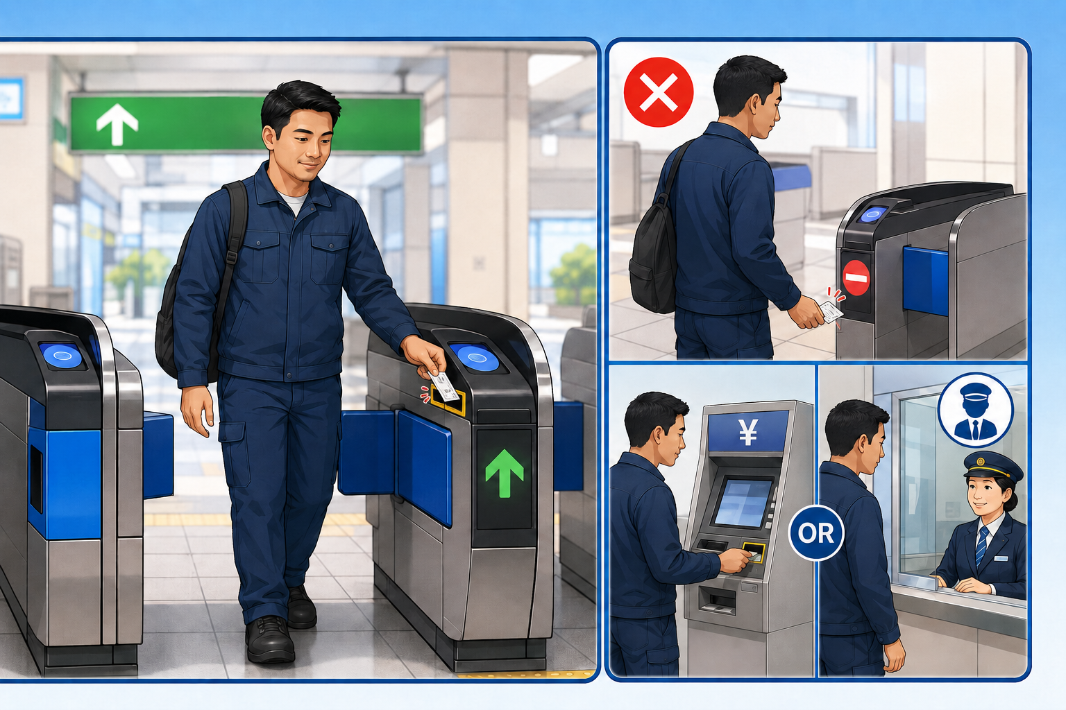 出口改札に紙の切符を入れ不足時は精算機か駅員へ相談する場面