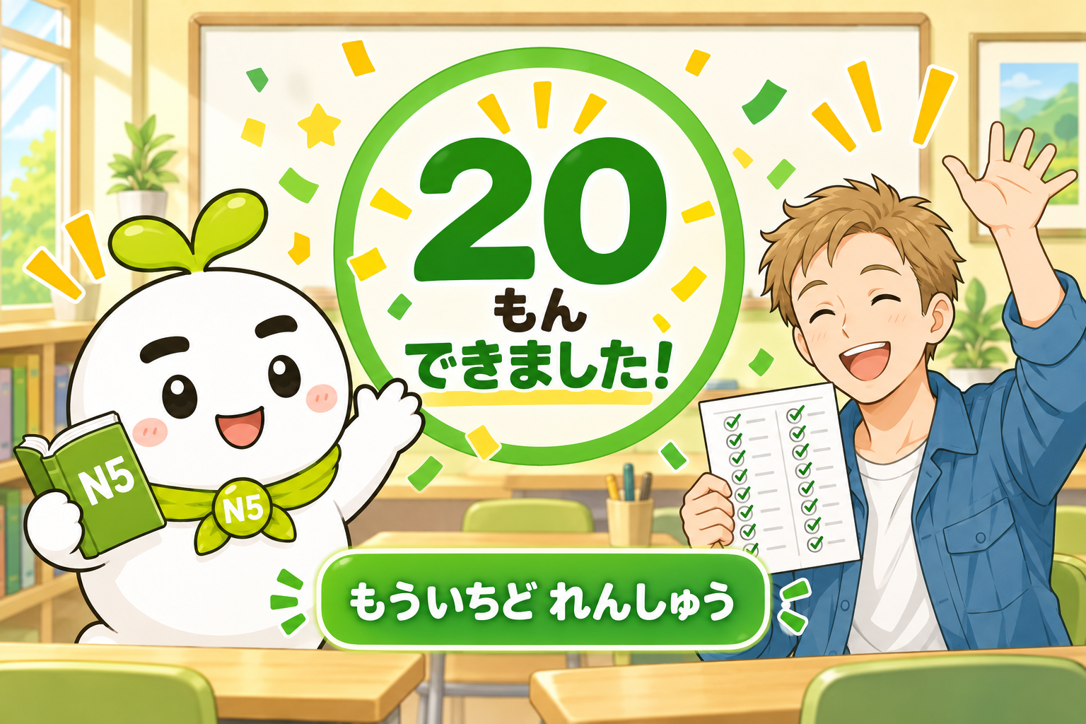 JLPT N5 漢字の読み方20問完了