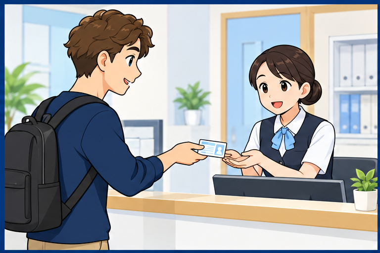 病院の受付で保険証を渡す