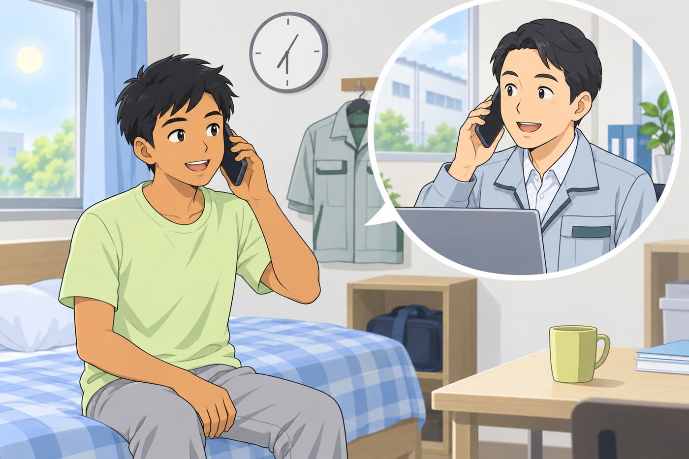 仕事の前に会社へ電話する教材イラスト
