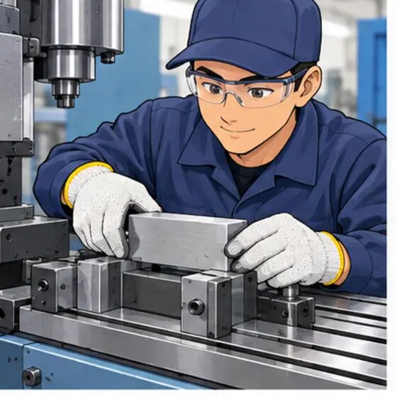 機械に金属材料をセットする作業者