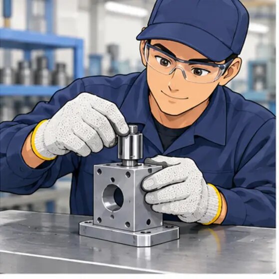 金属部品を取り付ける作業者