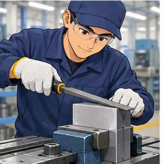 やすりで金属を削る作業者