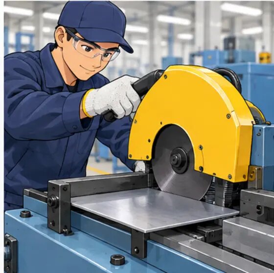 線に沿って金属板を切る作業者