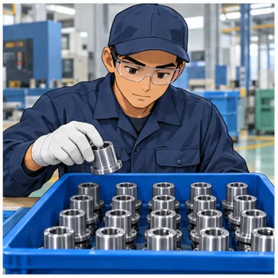 トレーの金属部品を数える作業者
