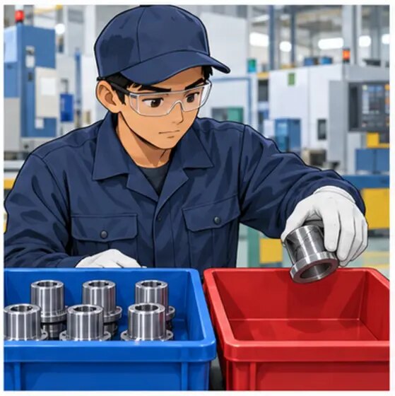 不良品を赤い箱に分ける作業者