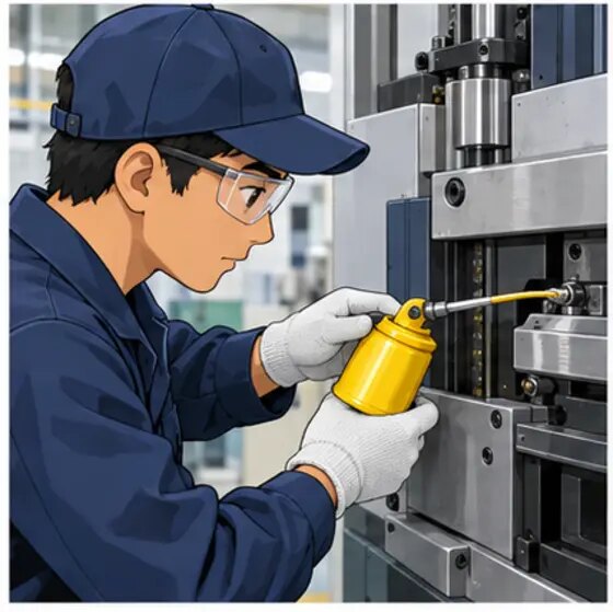 停止した機械に油をさす作業者