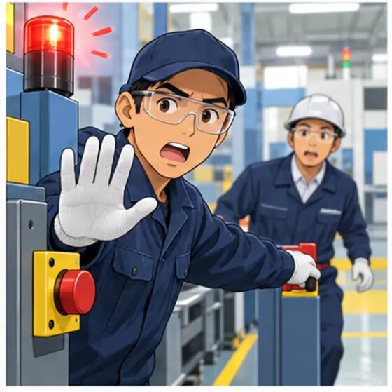異常を見つけて停止ボタンを押し上司に知らせる作業者