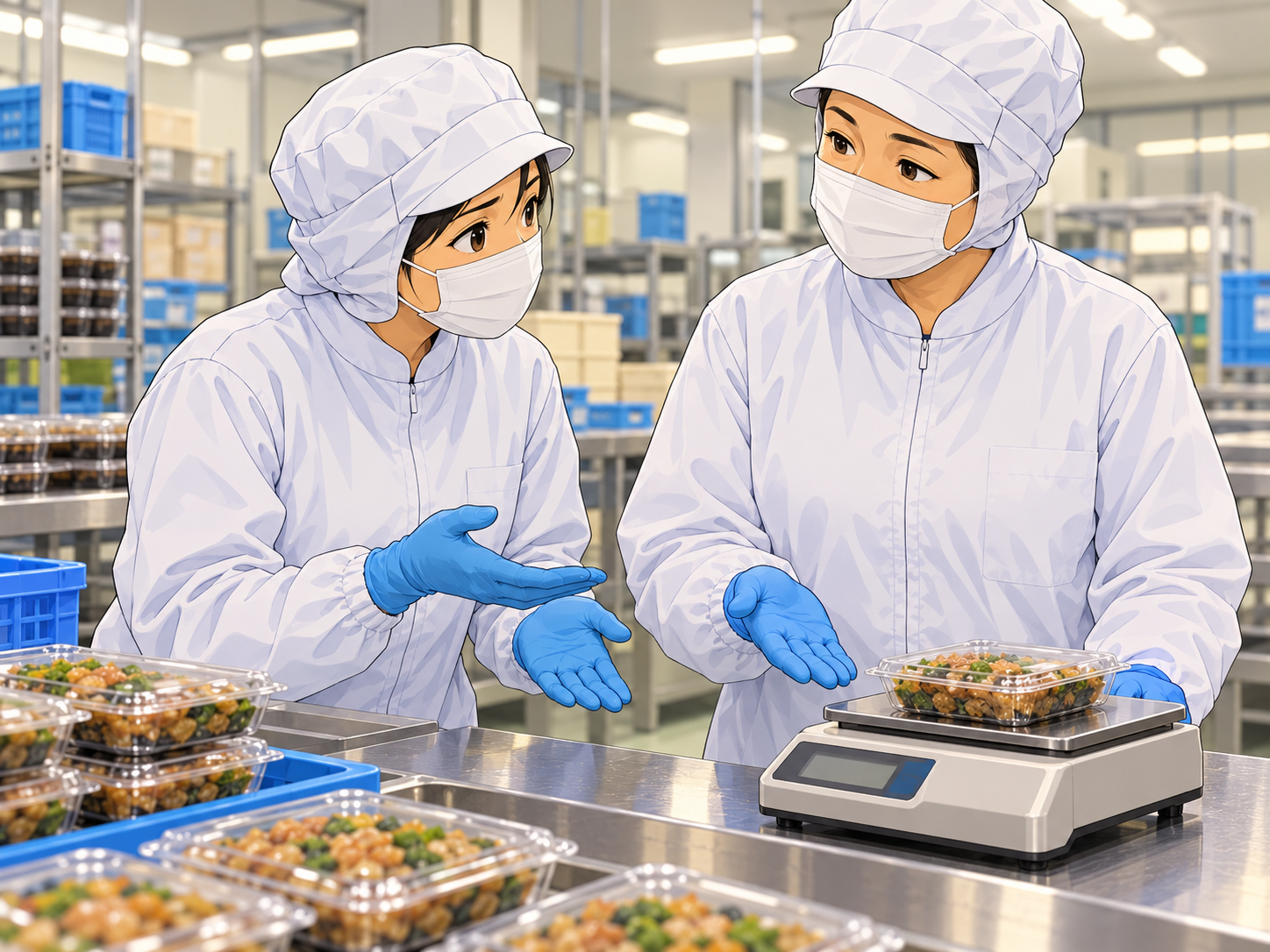 食品工場で重さを質問し確認する2人