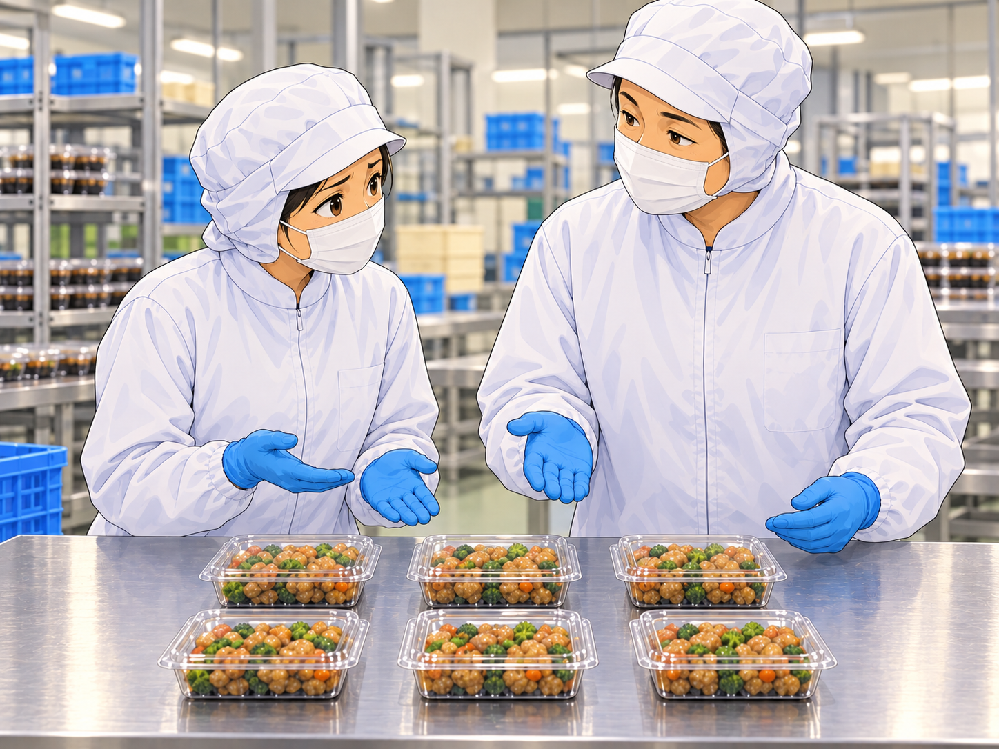 食品工場で6個の包装済みパックを前に数を確認する成人の作業員2人