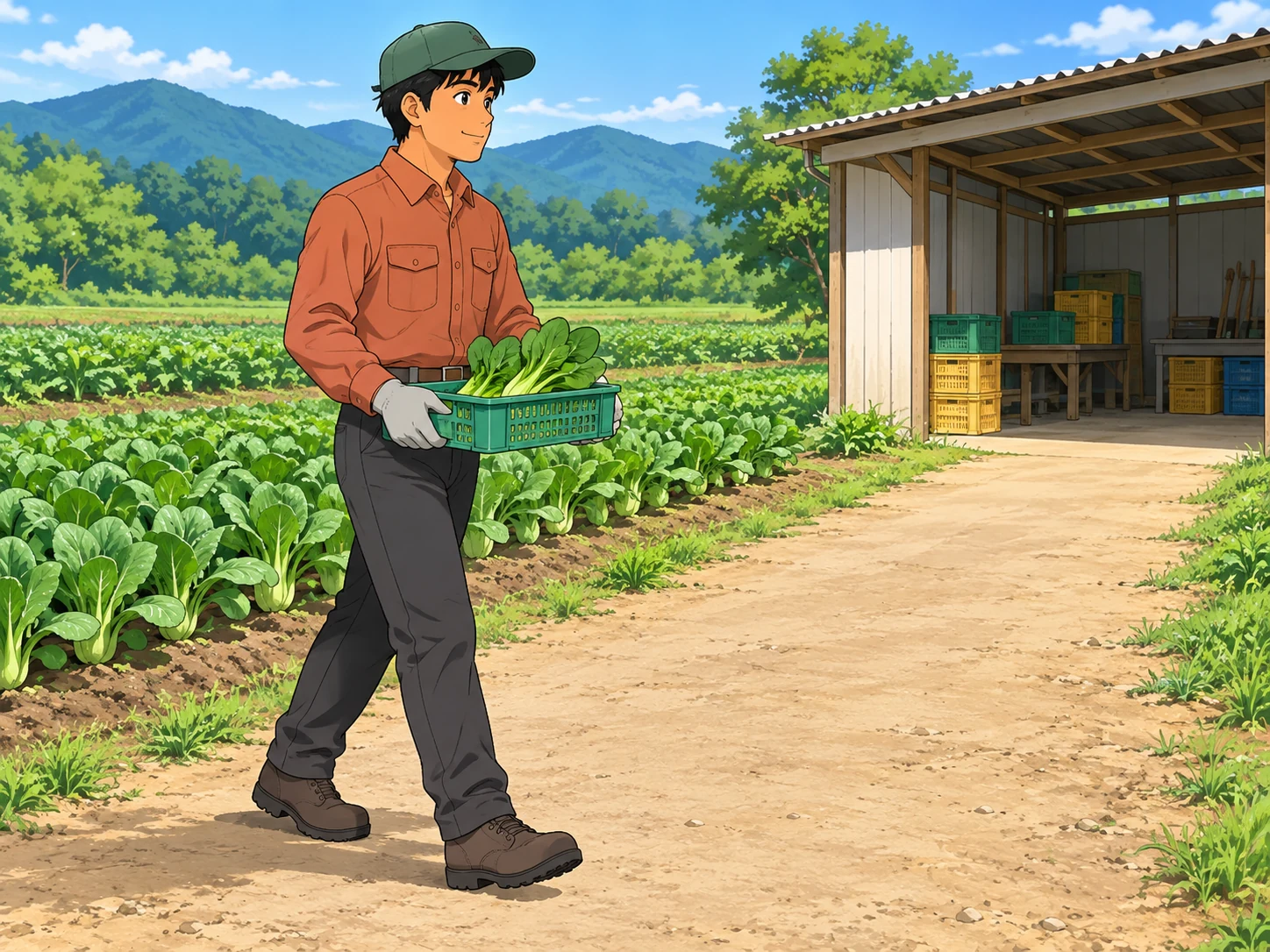 軽い野菜の箱を両手で持ち、広く片付いた通路を運ぶ作業